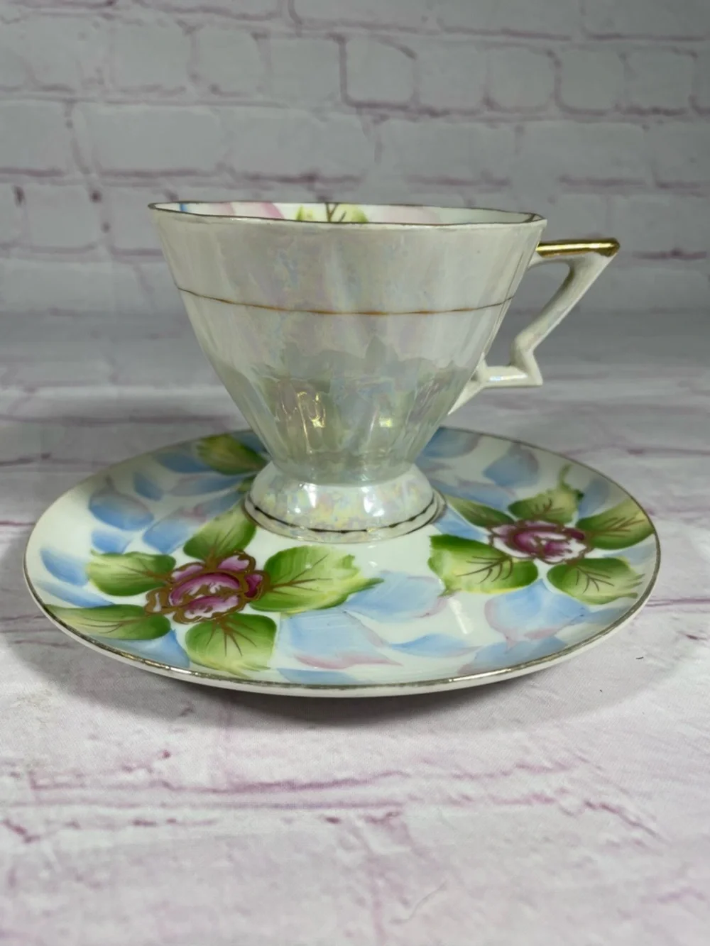 Vintage Royal Carlton 7865 Iridescent Floral Gold Trim Footed Teacup and Saucer